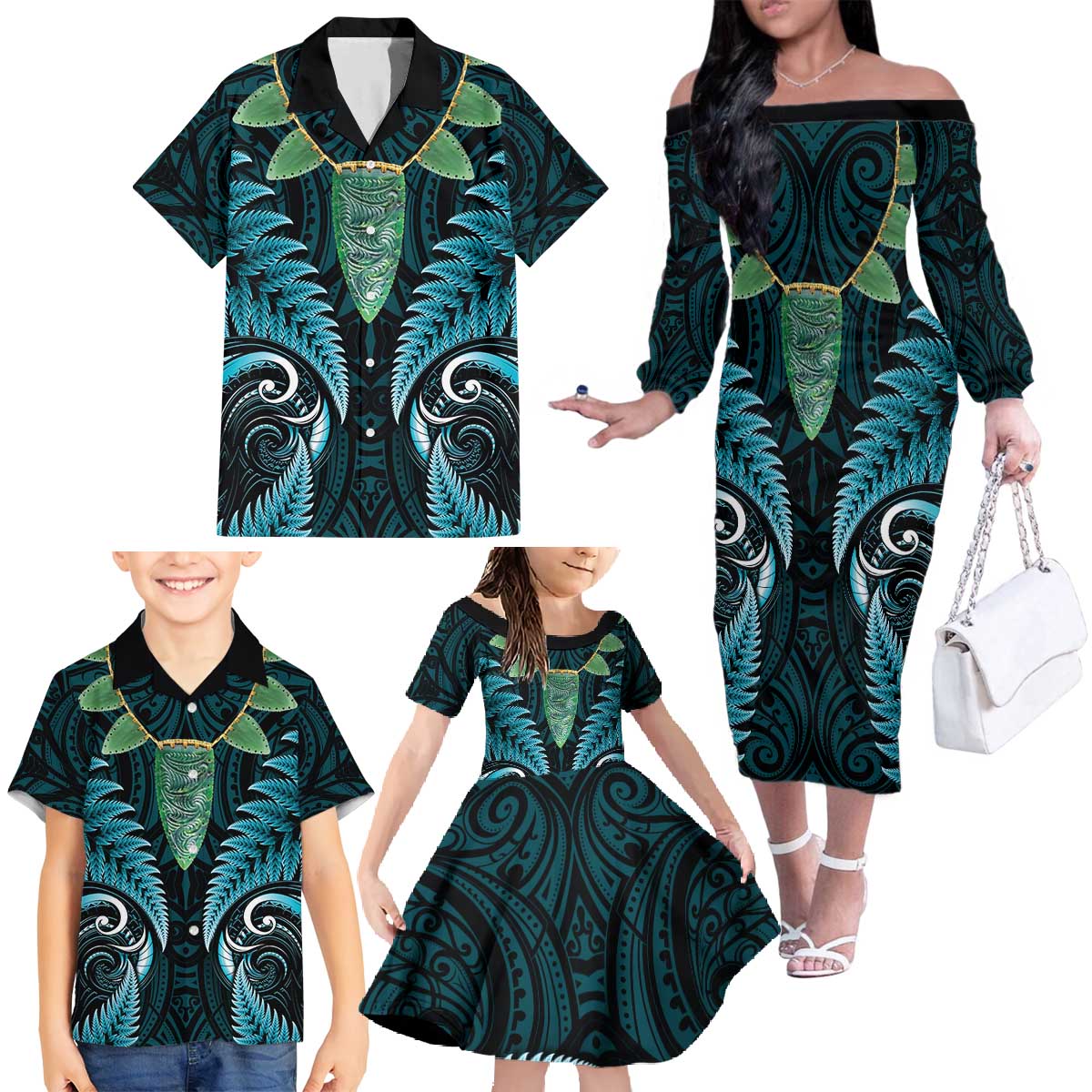 Aotearoa Pounamu Niho Family Matching Off The Shoulder Long Sleeve Dress and Hawaiian Shirt Silver Fern Mix Maori Pattern - Turquoise LT14 - Polynesian Pride