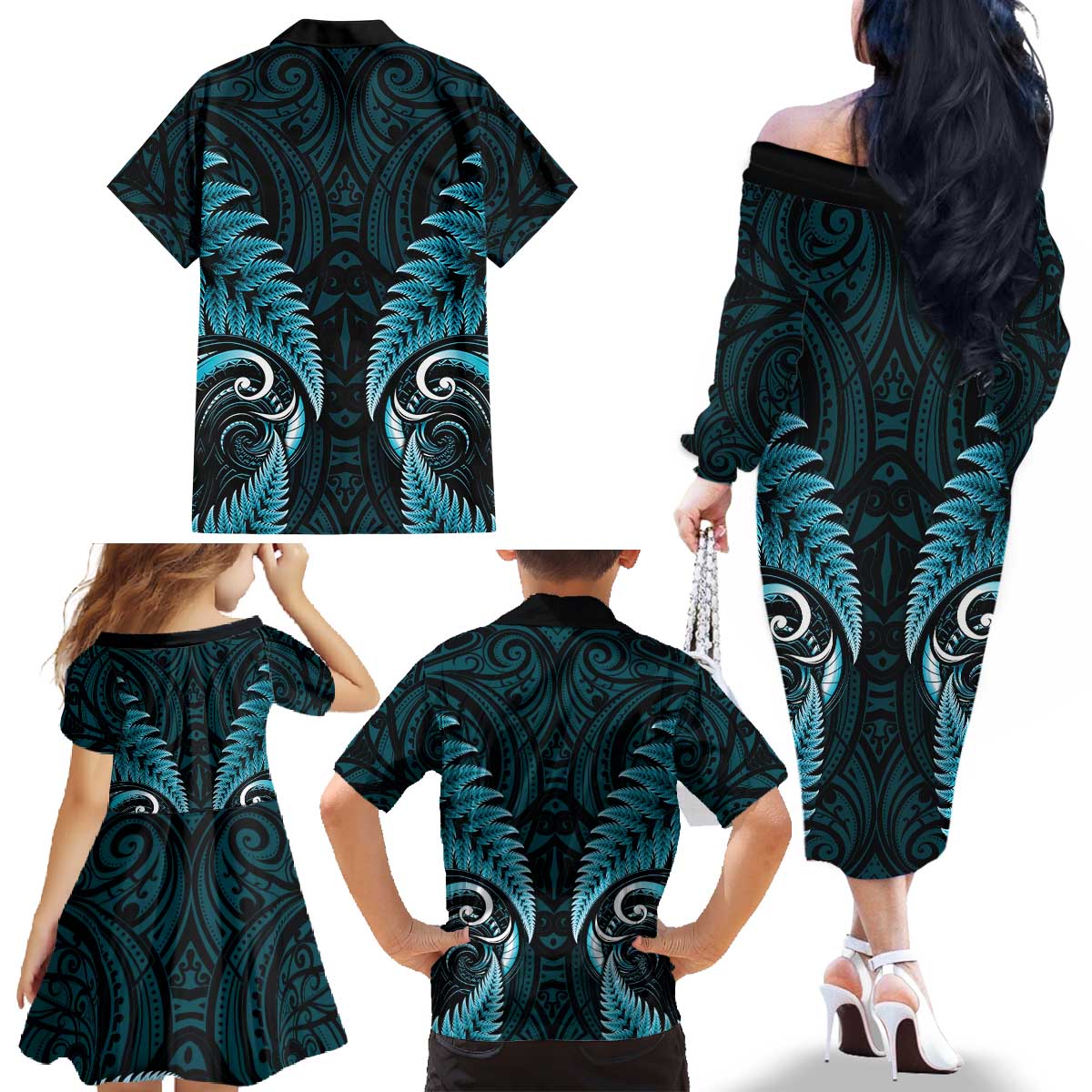 Aotearoa Pounamu Niho Family Matching Off The Shoulder Long Sleeve Dress and Hawaiian Shirt Silver Fern Mix Maori Pattern - Turquoise LT14 - Polynesian Pride