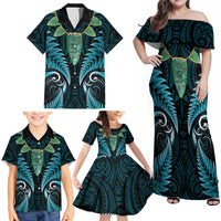Aotearoa Pounamu Niho Family Matching Off Shoulder Maxi Dress and Hawaiian Shirt Silver Fern Mix Maori Pattern - Turquoise LT14 - Polynesian Pride