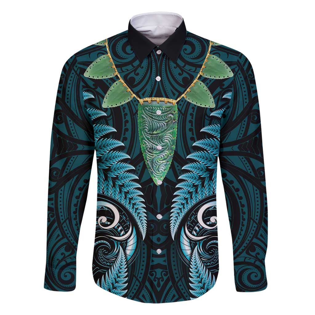 Aotearoa Pounamu Niho Family Matching Off Shoulder Maxi Dress and Hawaiian Shirt Silver Fern Mix Maori Pattern - Turquoise LT14 Dad's Shirt - Long Sleeve Turquoise - Polynesian Pride