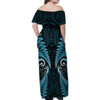 Aotearoa Pounamu Niho Family Matching Off Shoulder Maxi Dress and Hawaiian Shirt Silver Fern Mix Maori Pattern - Turquoise LT14 - Polynesian Pride
