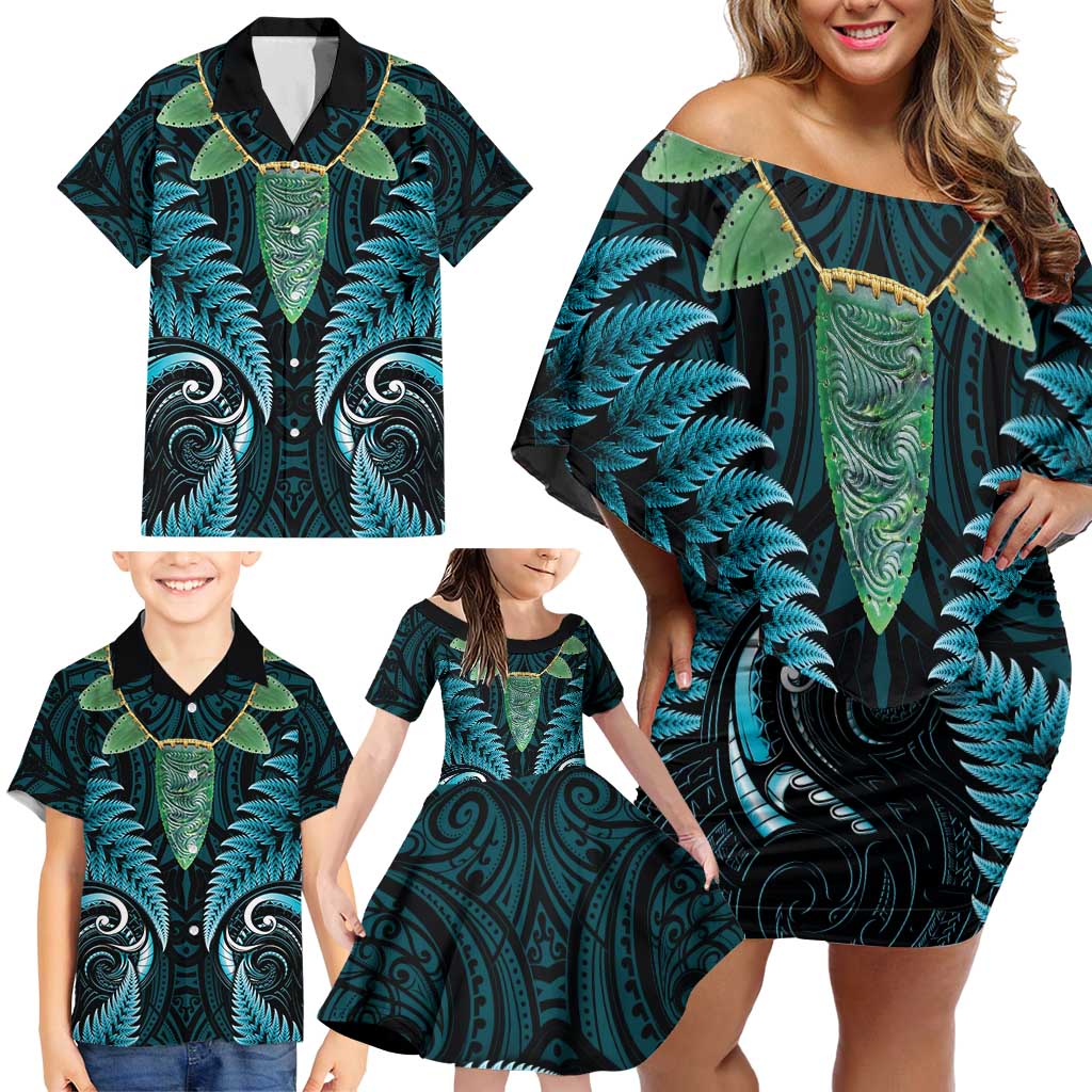 Aotearoa Pounamu Niho Family Matching Off Shoulder Short Dress and Hawaiian Shirt Silver Fern Mix Maori Pattern - Turquoise LT14 - Polynesian Pride