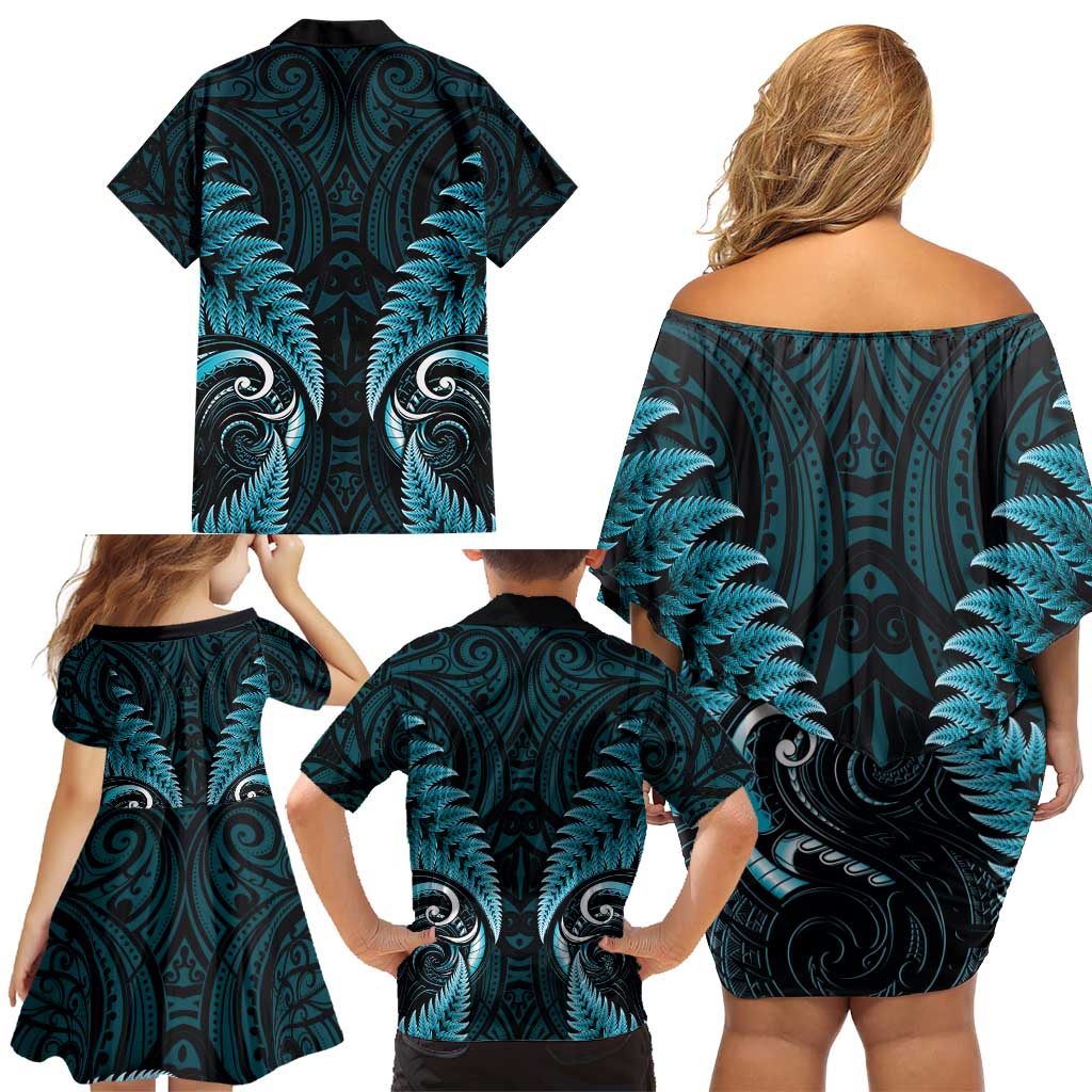 Aotearoa Pounamu Niho Family Matching Off Shoulder Short Dress and Hawaiian Shirt Silver Fern Mix Maori Pattern - Turquoise LT14 - Polynesian Pride