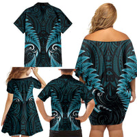 Aotearoa Pounamu Niho Family Matching Off Shoulder Short Dress and Hawaiian Shirt Silver Fern Mix Maori Pattern - Turquoise LT14 - Polynesian Pride