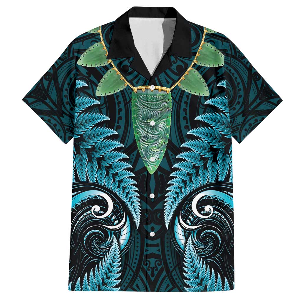 Aotearoa Pounamu Niho Family Matching Off Shoulder Short Dress and Hawaiian Shirt Silver Fern Mix Maori Pattern - Turquoise LT14 Dad's Shirt - Short Sleeve Turquoise - Polynesian Pride
