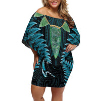 Aotearoa Pounamu Niho Family Matching Off Shoulder Short Dress and Hawaiian Shirt Silver Fern Mix Maori Pattern - Turquoise LT14 Mom's Dress Turquoise - Polynesian Pride