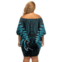 Aotearoa Pounamu Niho Family Matching Off Shoulder Short Dress and Hawaiian Shirt Silver Fern Mix Maori Pattern - Turquoise LT14 - Polynesian Pride