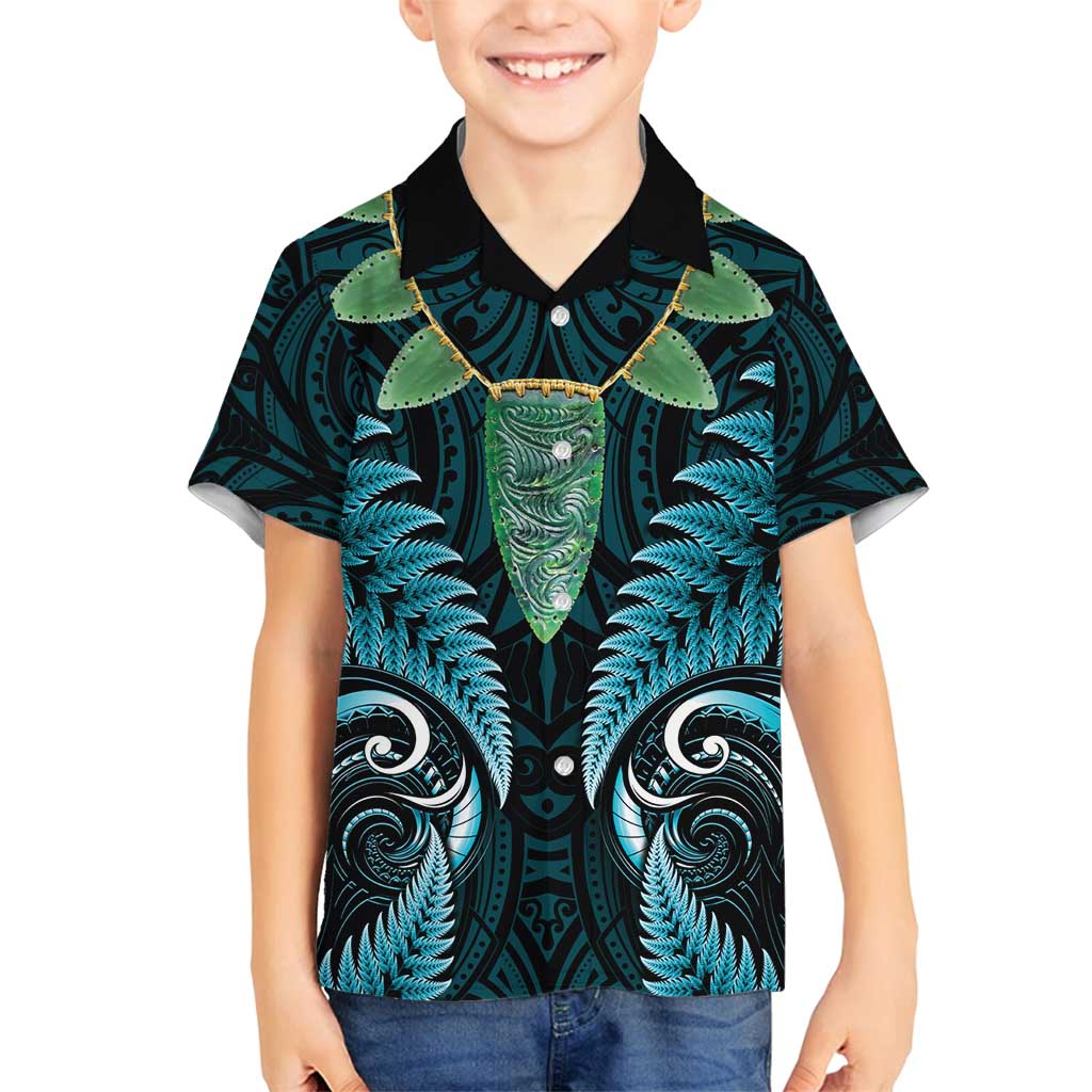 Aotearoa Pounamu Niho Family Matching Off Shoulder Short Dress and Hawaiian Shirt Silver Fern Mix Maori Pattern - Turquoise LT14 Son's Shirt Turquoise - Polynesian Pride