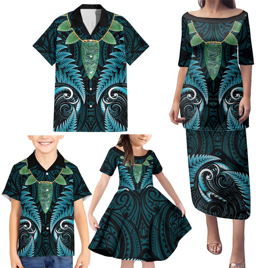 Aotearoa Pounamu Niho Family Matching Puletasi and Hawaiian Shirt Silver Fern Mix Maori Pattern - Turquoise LT14 - Polynesian Pride