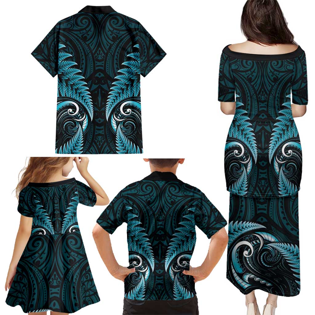 Aotearoa Pounamu Niho Family Matching Puletasi and Hawaiian Shirt Silver Fern Mix Maori Pattern - Turquoise LT14 - Polynesian Pride