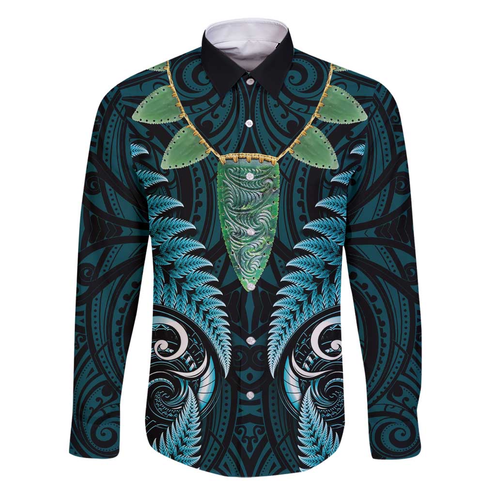 Aotearoa Pounamu Niho Family Matching Puletasi and Hawaiian Shirt Silver Fern Mix Maori Pattern - Turquoise LT14 Dad's Shirt - Long Sleeve Turquoise - Polynesian Pride