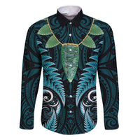 Aotearoa Pounamu Niho Family Matching Short Sleeve Bodycon Dress and Hawaiian Shirt Silver Fern Mix Maori Pattern - Turquoise LT14 Dad's Shirt - Long Sleeve Turquoise - Polynesian Pride
