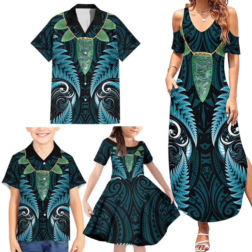 Aotearoa Pounamu Niho Family Matching Summer Maxi Dress and Hawaiian Shirt Silver Fern Mix Maori Pattern - Turquoise LT14 - Polynesian Pride