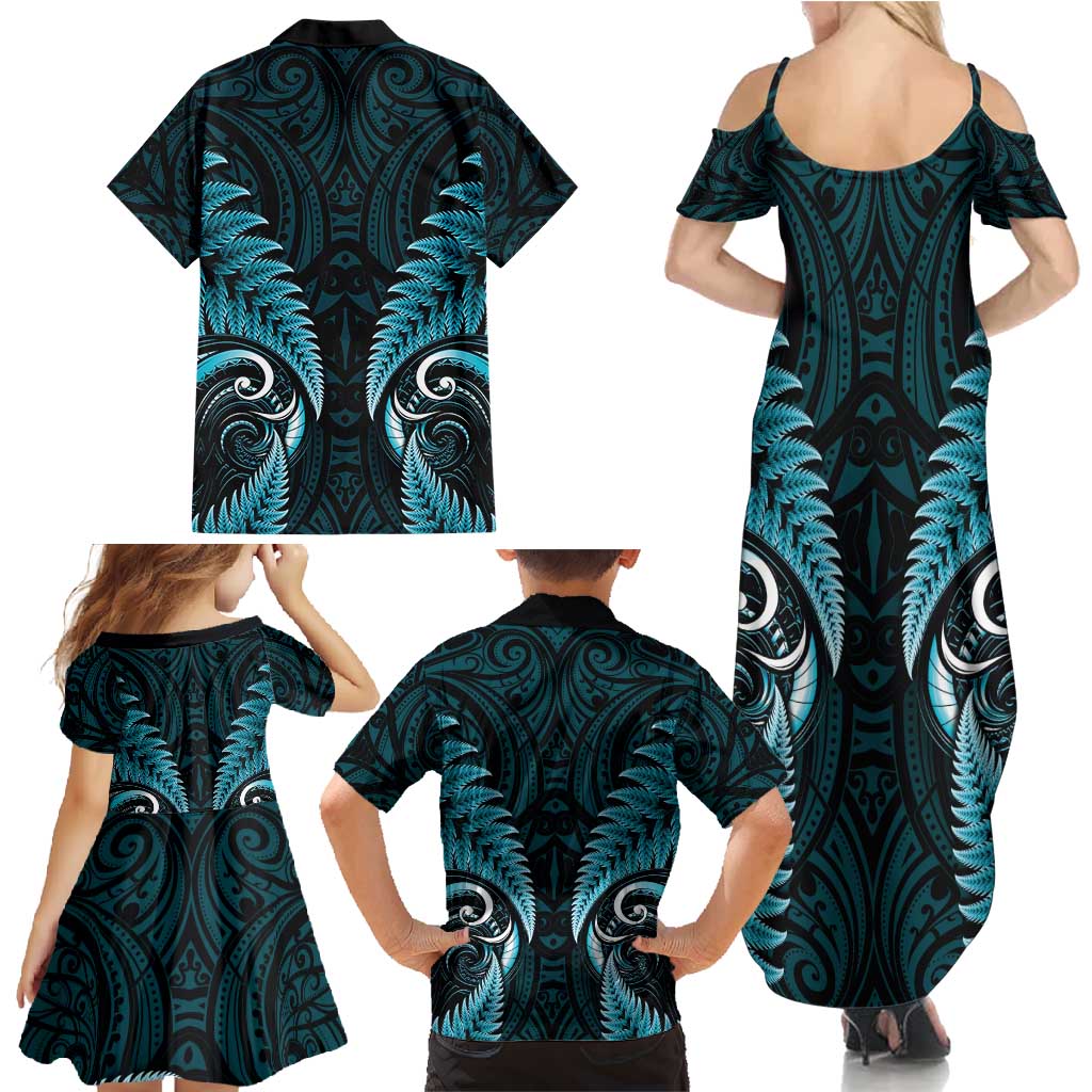 Aotearoa Pounamu Niho Family Matching Summer Maxi Dress and Hawaiian Shirt Silver Fern Mix Maori Pattern - Turquoise LT14 - Polynesian Pride