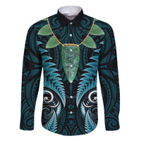 Aotearoa Pounamu Niho Family Matching Summer Maxi Dress and Hawaiian Shirt Silver Fern Mix Maori Pattern - Turquoise LT14 Dad's Shirt - Long Sleeve Turquoise - Polynesian Pride