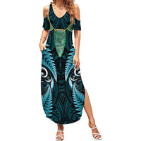 Aotearoa Pounamu Niho Family Matching Summer Maxi Dress and Hawaiian Shirt Silver Fern Mix Maori Pattern - Turquoise LT14 Mom's Dress Turquoise - Polynesian Pride