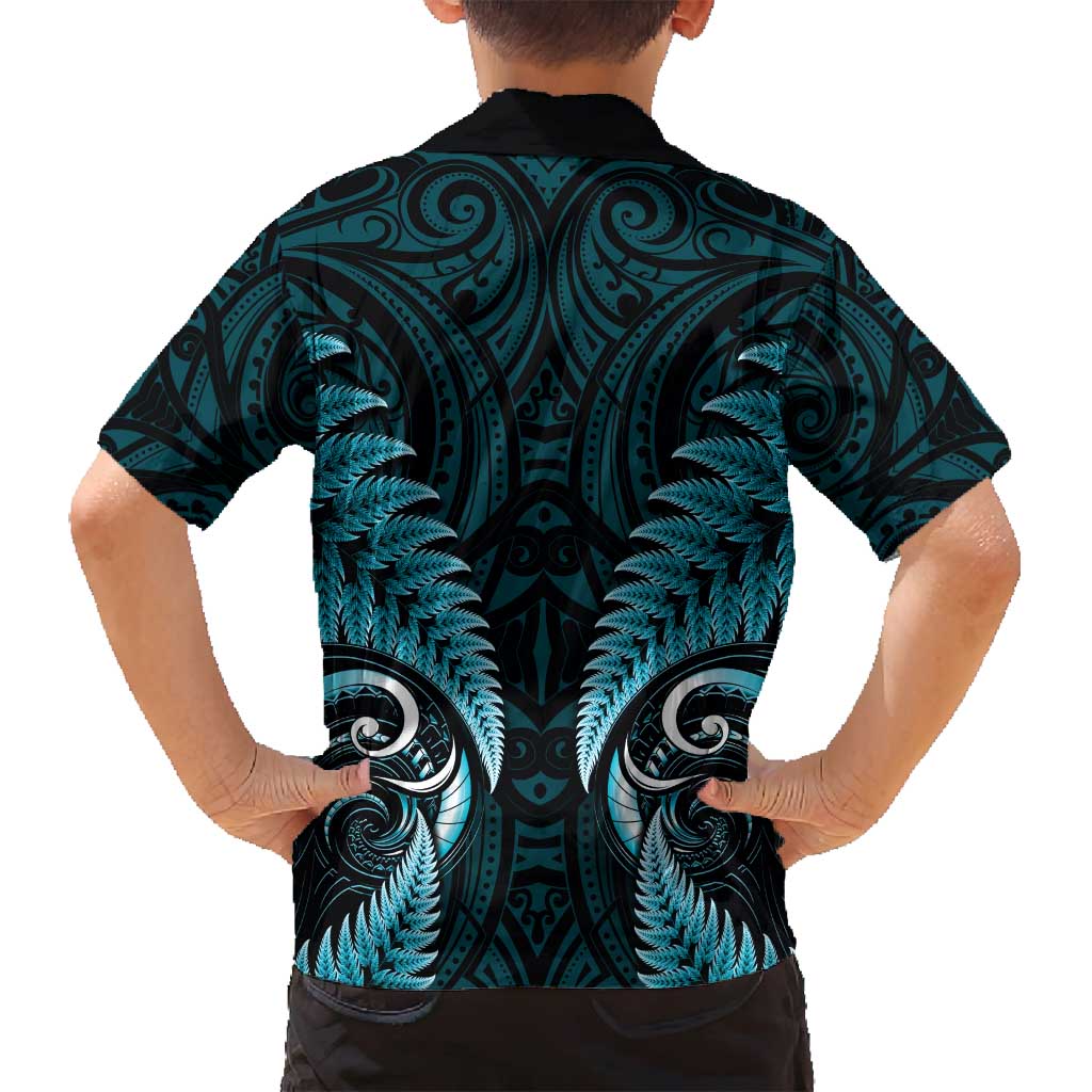 Aotearoa Pounamu Niho Family Matching Tank Maxi Dress and Hawaiian Shirt Silver Fern Mix Maori Pattern - Turquoise LT14 - Polynesian Pride