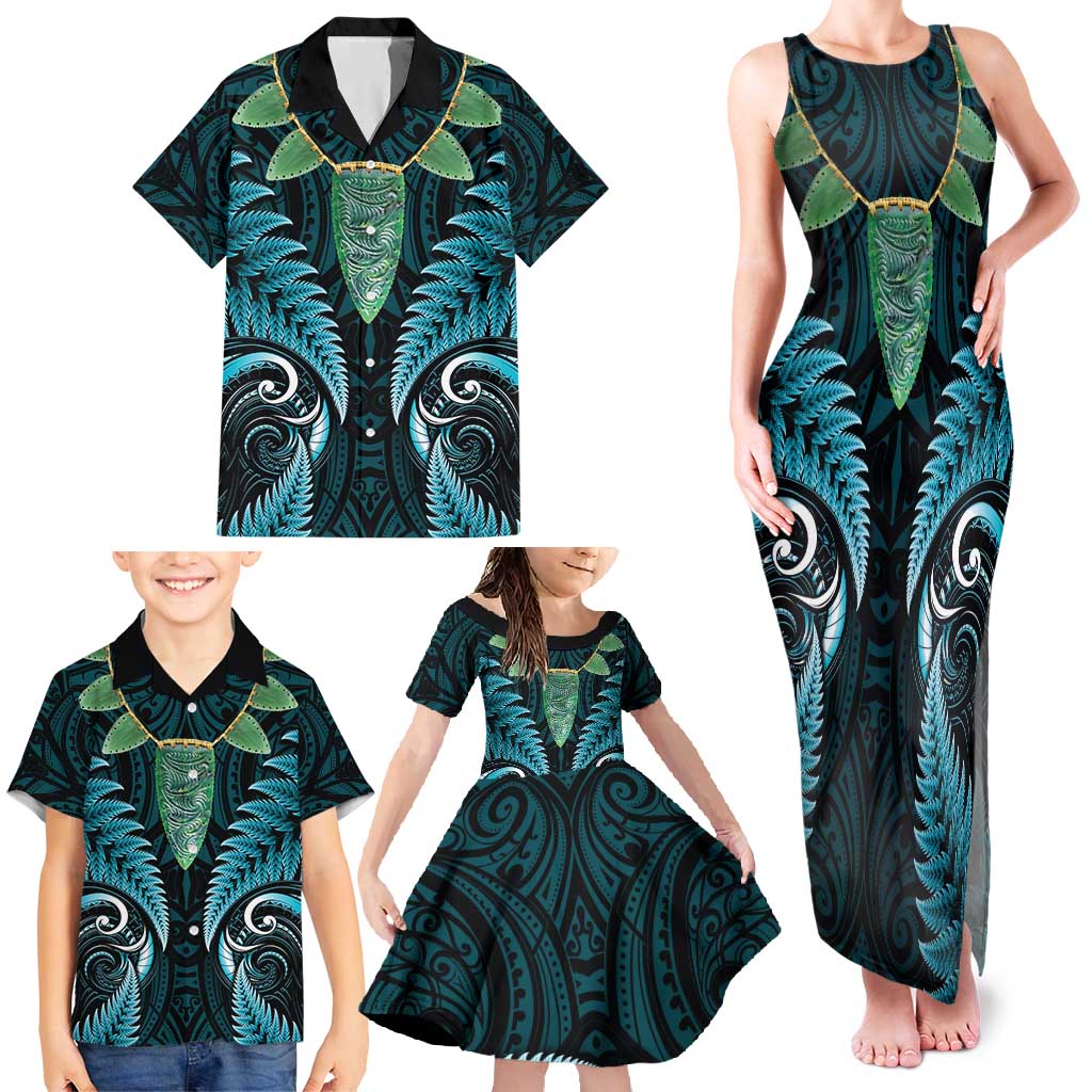 Aotearoa Pounamu Niho Family Matching Tank Maxi Dress and Hawaiian Shirt Silver Fern Mix Maori Pattern - Turquoise LT14 - Polynesian Pride
