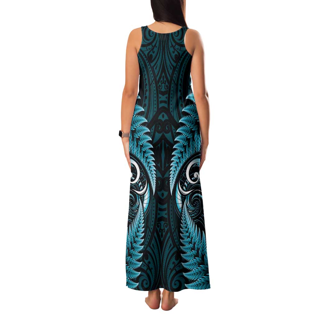 Aotearoa Pounamu Niho Family Matching Tank Maxi Dress and Hawaiian Shirt Silver Fern Mix Maori Pattern - Turquoise LT14 - Polynesian Pride