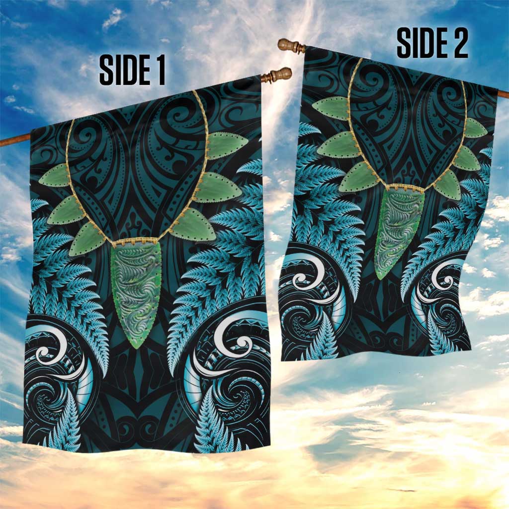 Aotearoa Pounamu Niho Garden Flag Silver Fern Mix Maori Pattern - Turquoise