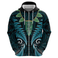Aotearoa Pounamu Niho Hoodie Silver Fern Mix Maori Pattern - Turquoise