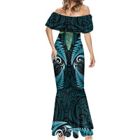 Aotearoa Pounamu Niho Mermaid Dress Silver Fern Mix Maori Pattern - Turquoise LT14 - Polynesian Pride