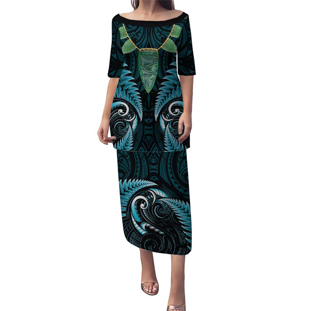 Aotearoa Pounamu Niho Puletasi Silver Fern Mix Maori Pattern - Turquoise LT14 Long Dress Turquoise - Polynesian Pride
