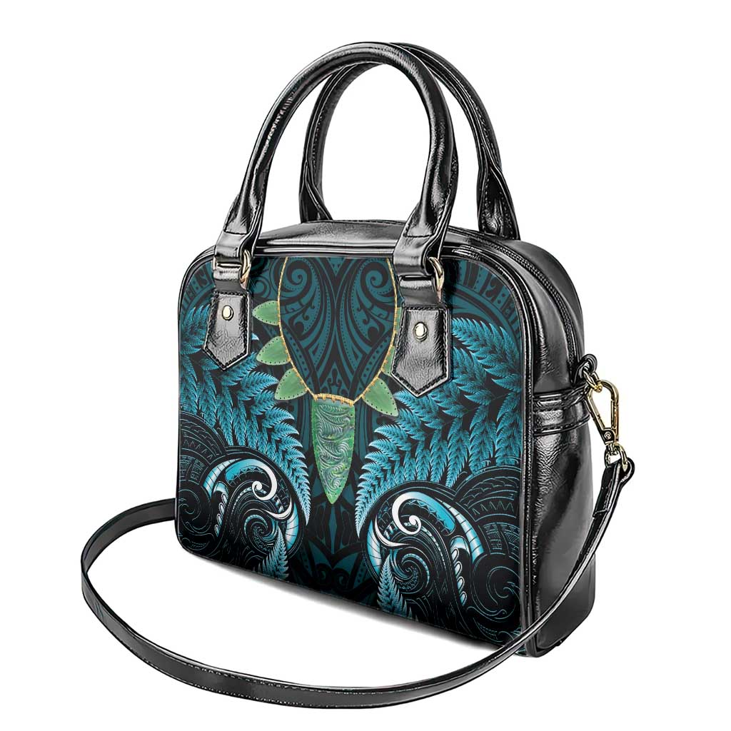 Aotearoa Pounamu Niho Shoulder Handbag Silver Fern Mix Maori Pattern - Turquoise