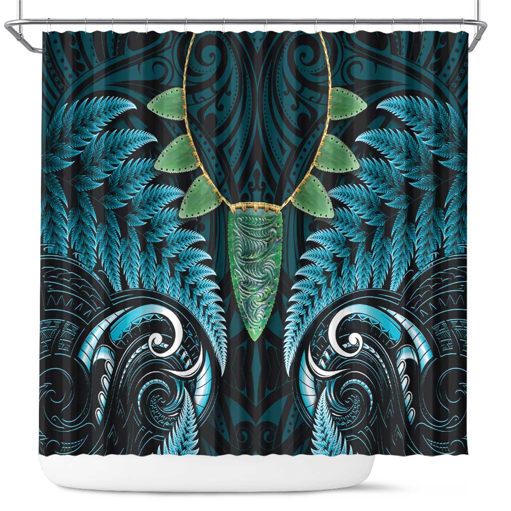 Aotearoa Pounamu Niho Shower Curtain Silver Fern Mix Maori Pattern - Turquoise LT14 Turquoise - Polynesian Pride