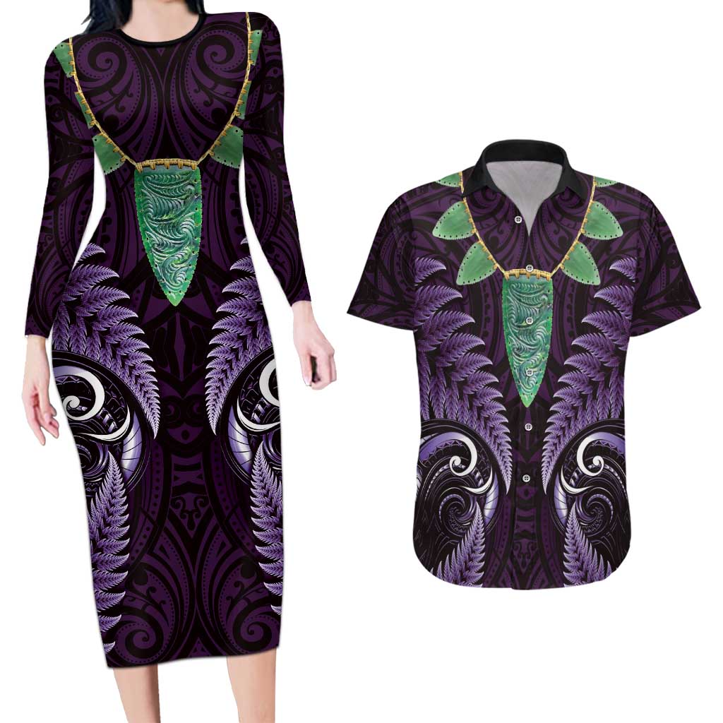 Aotearoa Pounamu Niho Couples Matching Long Sleeve Bodycon Dress and Hawaiian Shirt Silver Fern Mix Maori Pattern - Purple LT14 Purple - Polynesian Pride