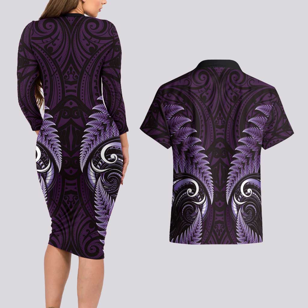 Aotearoa Pounamu Niho Couples Matching Long Sleeve Bodycon Dress and Hawaiian Shirt Silver Fern Mix Maori Pattern - Purple LT14 - Polynesian Pride