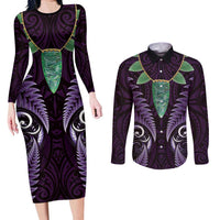 Aotearoa Pounamu Niho Couples Matching Long Sleeve Bodycon Dress and Long Sleeve Button Shirt Silver Fern Mix Maori Pattern - Purple LT14 Purple - Polynesian Pride
