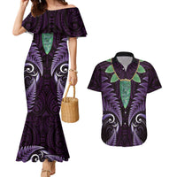 Aotearoa Pounamu Niho Couples Matching Mermaid Dress and Hawaiian Shirt Silver Fern Mix Maori Pattern - Purple LT14 Purple - Polynesian Pride