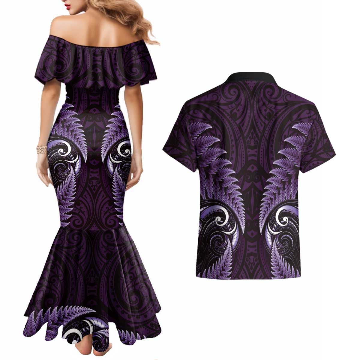 Aotearoa Pounamu Niho Couples Matching Mermaid Dress and Hawaiian Shirt Silver Fern Mix Maori Pattern - Purple LT14 - Polynesian Pride