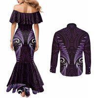 Aotearoa Pounamu Niho Couples Matching Mermaid Dress and Long Sleeve Button Shirt Silver Fern Mix Maori Pattern - Purple LT14 - Polynesian Pride