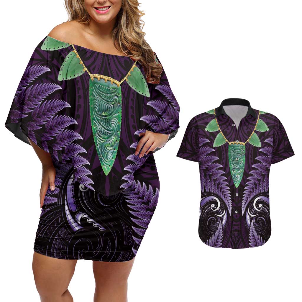 Aotearoa Pounamu Niho Couples Matching Off Shoulder Short Dress and Hawaiian Shirt Silver Fern Mix Maori Pattern - Purple LT14 Purple - Polynesian Pride
