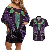 Aotearoa Pounamu Niho Couples Matching Off Shoulder Short Dress and Hawaiian Shirt Silver Fern Mix Maori Pattern - Purple LT14 Purple - Polynesian Pride