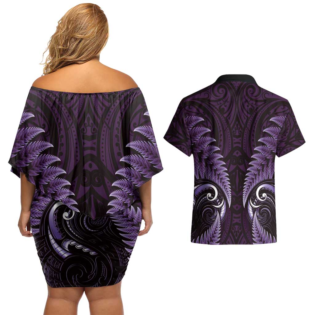 Aotearoa Pounamu Niho Couples Matching Off Shoulder Short Dress and Hawaiian Shirt Silver Fern Mix Maori Pattern - Purple LT14 - Polynesian Pride