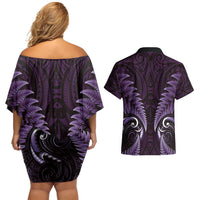Aotearoa Pounamu Niho Couples Matching Off Shoulder Short Dress and Hawaiian Shirt Silver Fern Mix Maori Pattern - Purple LT14 - Polynesian Pride