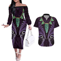 Aotearoa Pounamu Niho Couples Matching Off The Shoulder Long Sleeve Dress and Hawaiian Shirt Silver Fern Mix Maori Pattern - Purple LT14 Purple - Polynesian Pride