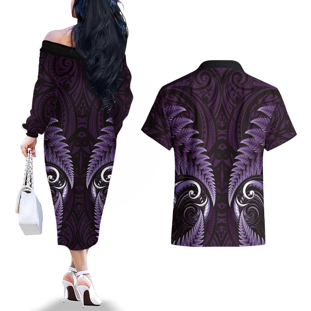 Aotearoa Pounamu Niho Couples Matching Off The Shoulder Long Sleeve Dress and Hawaiian Shirt Silver Fern Mix Maori Pattern - Purple LT14 - Polynesian Pride