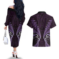 Aotearoa Pounamu Niho Couples Matching Off The Shoulder Long Sleeve Dress and Hawaiian Shirt Silver Fern Mix Maori Pattern - Purple LT14 - Polynesian Pride