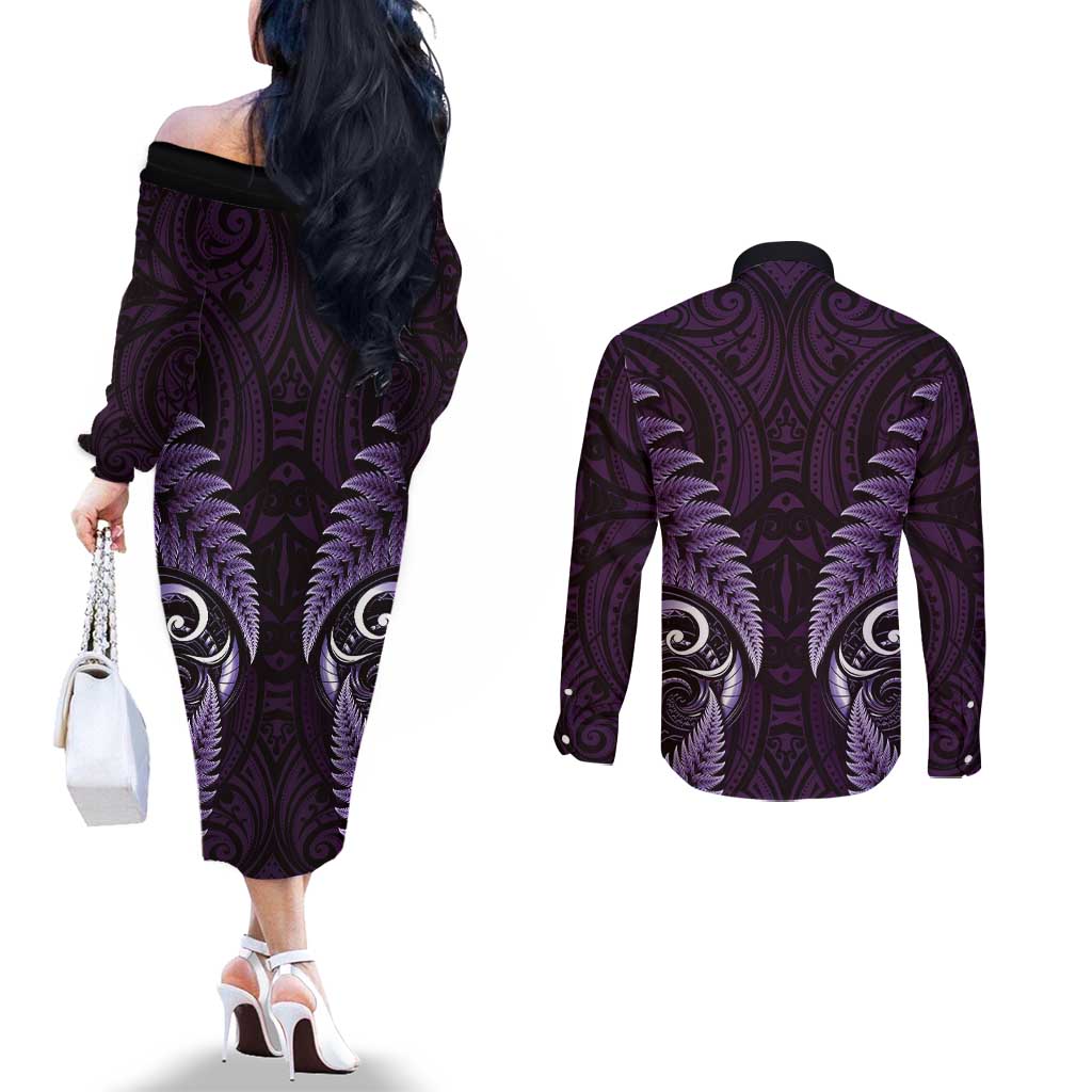 Aotearoa Pounamu Niho Couples Matching Off The Shoulder Long Sleeve Dress and Long Sleeve Button Shirt Silver Fern Mix Maori Pattern - Purple LT14 - Polynesian Pride