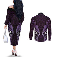 Aotearoa Pounamu Niho Couples Matching Off The Shoulder Long Sleeve Dress and Long Sleeve Button Shirt Silver Fern Mix Maori Pattern - Purple LT14 - Polynesian Pride