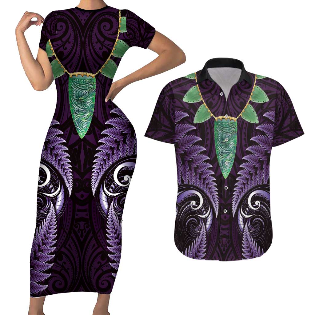 Aotearoa Pounamu Niho Couples Matching Short Sleeve Bodycon Dress and Hawaiian Shirt Silver Fern Mix Maori Pattern - Purple LT14 Purple - Polynesian Pride