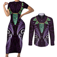 Aotearoa Pounamu Niho Couples Matching Short Sleeve Bodycon Dress and Long Sleeve Button Shirt Silver Fern Mix Maori Pattern - Purple LT14 Purple - Polynesian Pride