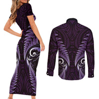 Aotearoa Pounamu Niho Couples Matching Short Sleeve Bodycon Dress and Long Sleeve Button Shirt Silver Fern Mix Maori Pattern - Purple LT14 - Polynesian Pride