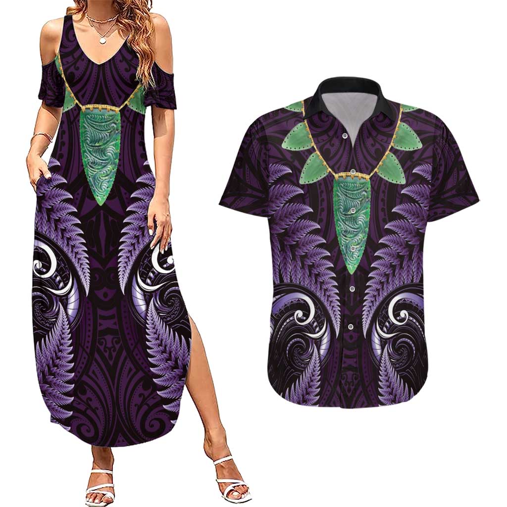 Aotearoa Pounamu Niho Couples Matching Summer Maxi Dress and Hawaiian Shirt Silver Fern Mix Maori Pattern - Purple LT14 Purple - Polynesian Pride