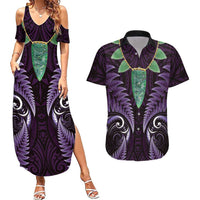 Aotearoa Pounamu Niho Couples Matching Summer Maxi Dress and Hawaiian Shirt Silver Fern Mix Maori Pattern - Purple LT14 Purple - Polynesian Pride