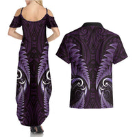 Aotearoa Pounamu Niho Couples Matching Summer Maxi Dress and Hawaiian Shirt Silver Fern Mix Maori Pattern - Purple LT14 - Polynesian Pride